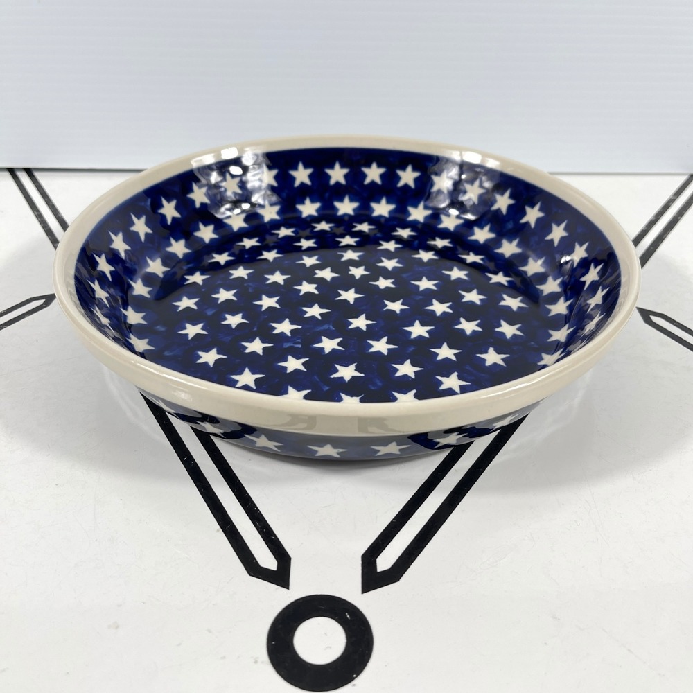 Boleslawiec Polish Pottery Star Cobalt Blue Pie Quiche Baker Serving Bowl 10in